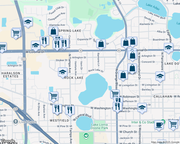 map of restaurants, bars, coffee shops, grocery stores, and more near 1610 Rock Lake Drive in Orlando