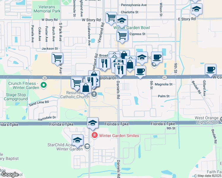 map of restaurants, bars, coffee shops, grocery stores, and more near 1200 Daniels Road in Winter Garden