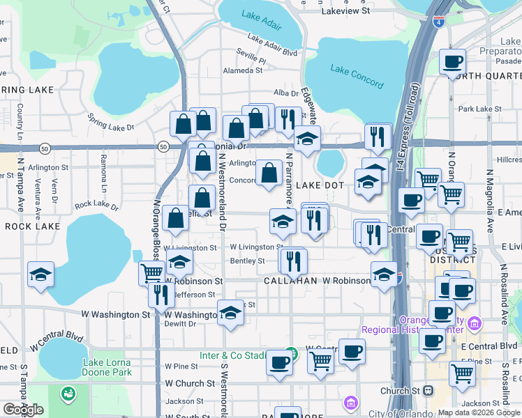 map of restaurants, bars, coffee shops, grocery stores, and more near 741 West Amelia Street in Orlando