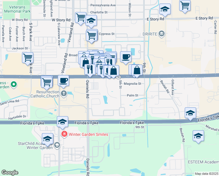 map of restaurants, bars, coffee shops, grocery stores, and more near 63 Windtree Lane in Winter Garden