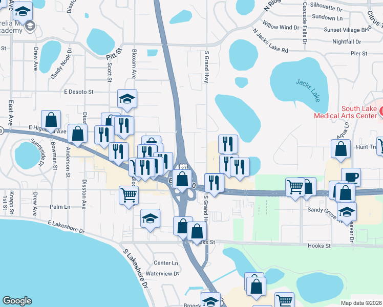 map of restaurants, bars, coffee shops, grocery stores, and more near 1224 Lakeview Drive in Clermont
