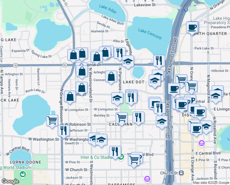 map of restaurants, bars, coffee shops, grocery stores, and more near 717 West Amelia Street in Orlando