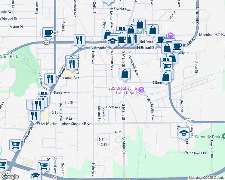 map of restaurants, bars, coffee shops, grocery stores, and more near 606 South Lemon Avenue in Brooksville