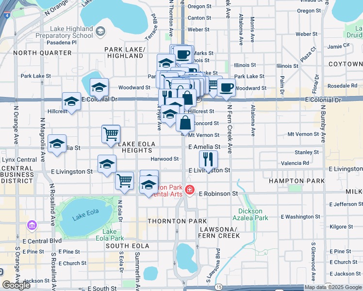 map of restaurants, bars, coffee shops, grocery stores, and more near 500 Florida 15 in Orlando
