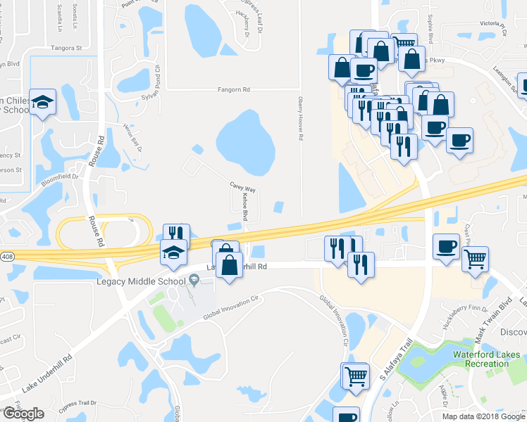 map of restaurants, bars, coffee shops, grocery stores, and more near 414 Carey Way in Orlando