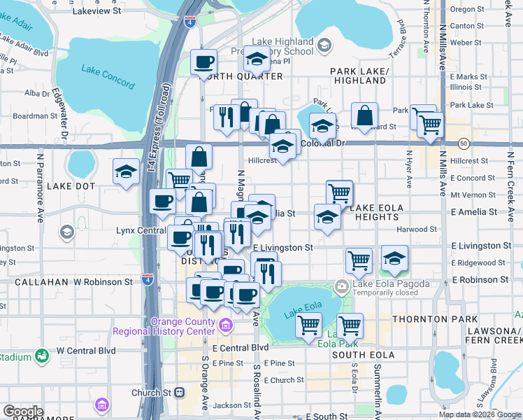 map of restaurants, bars, coffee shops, grocery stores, and more near 203 East Amelia Street in Orlando