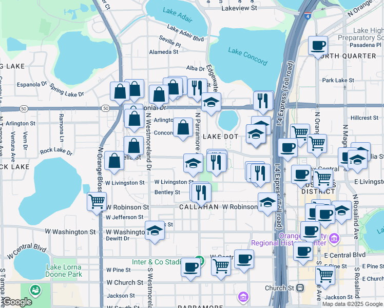 map of restaurants, bars, coffee shops, grocery stores, and more near 717 West Amelia Street in Orlando
