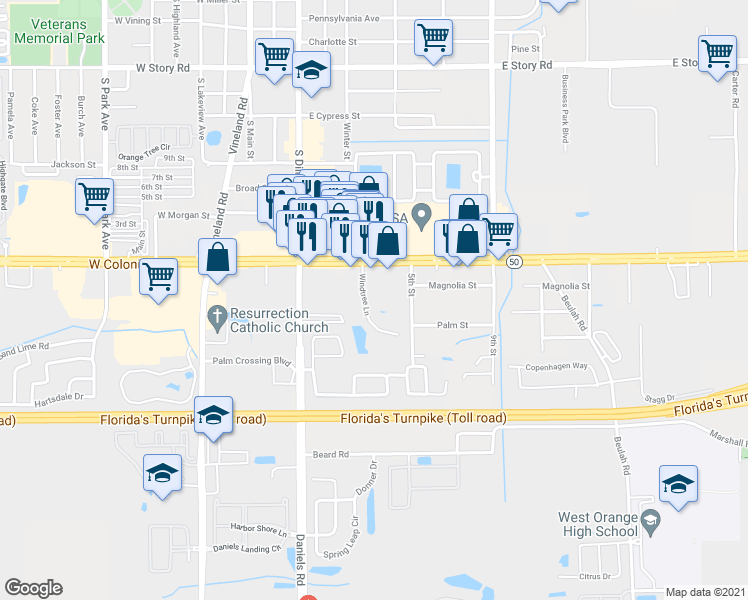 map of restaurants, bars, coffee shops, grocery stores, and more near 63 Windtree Lane in Winter Garden