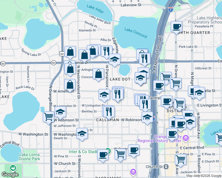 map of restaurants, bars, coffee shops, grocery stores, and more near 661 West Amelia Street in Orlando