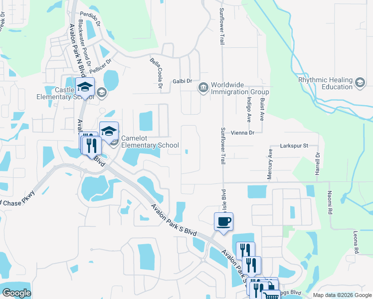 map of restaurants, bars, coffee shops, grocery stores, and more near 632 Sunflower Trail in Orlando