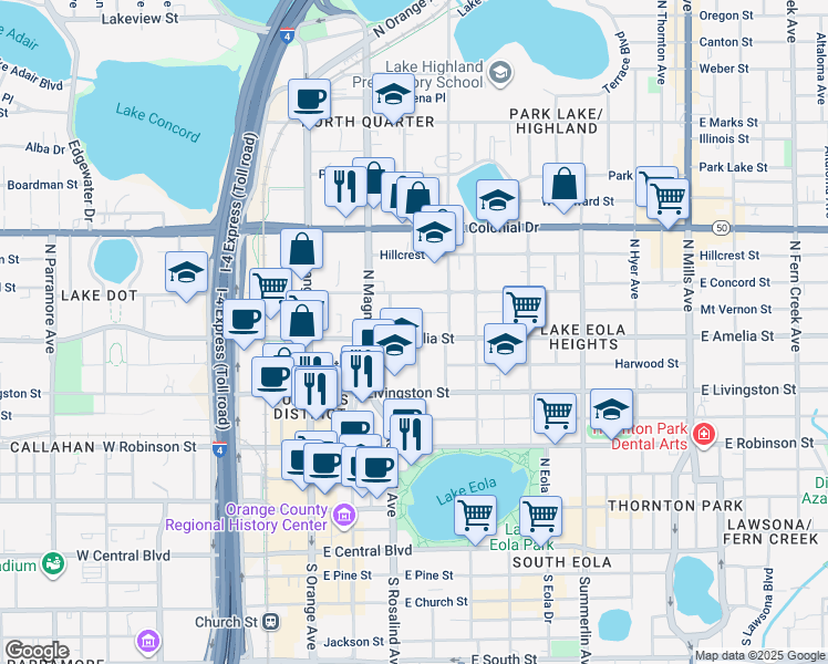 map of restaurants, bars, coffee shops, grocery stores, and more near 203 East Amelia Street in Orlando