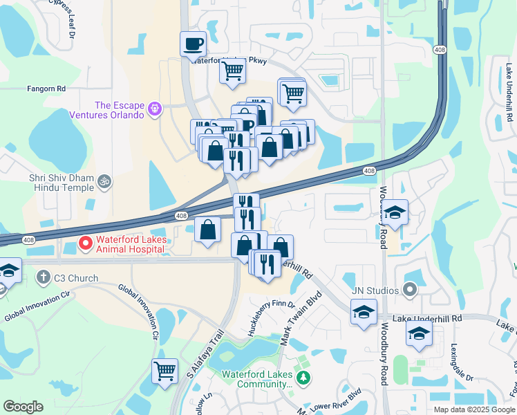 map of restaurants, bars, coffee shops, grocery stores, and more near 12315 Lake Underhill Road in Orlando