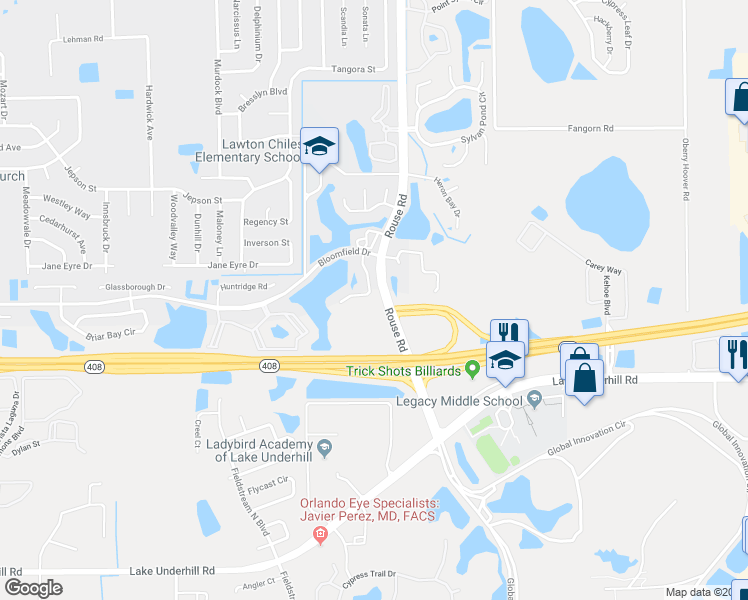 map of restaurants, bars, coffee shops, grocery stores, and more near 551 Cypress Tree Court in Orlando