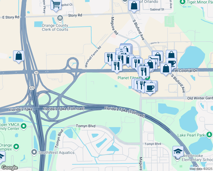 map of restaurants, bars, coffee shops, grocery stores, and more near 100 Andes Avenue in Orlando