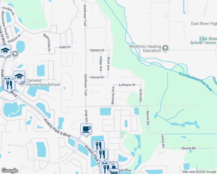 map of restaurants, bars, coffee shops, grocery stores, and more near 15706 Larkspur Street in Orlando