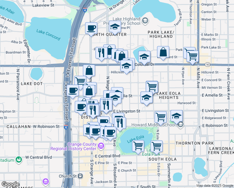 map of restaurants, bars, coffee shops, grocery stores, and more near 129 East Amelia Street in Orlando