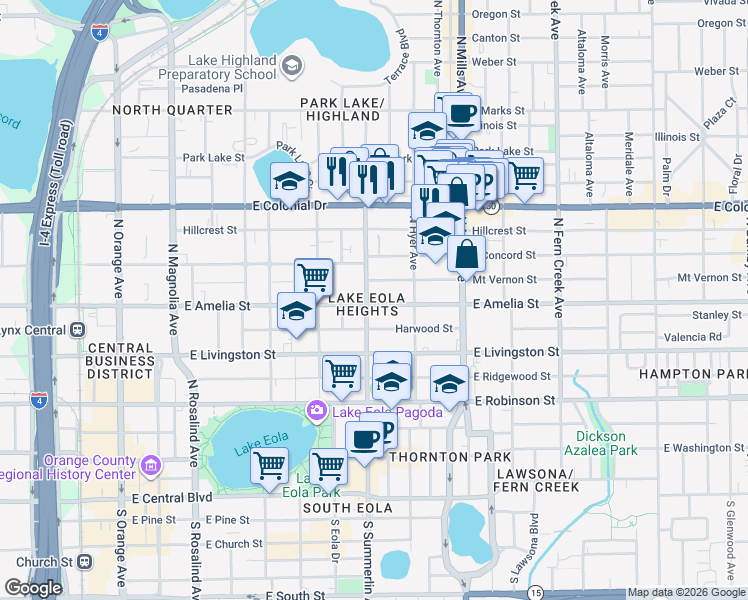 map of restaurants, bars, coffee shops, grocery stores, and more near 703 East Amelia Street in Orlando