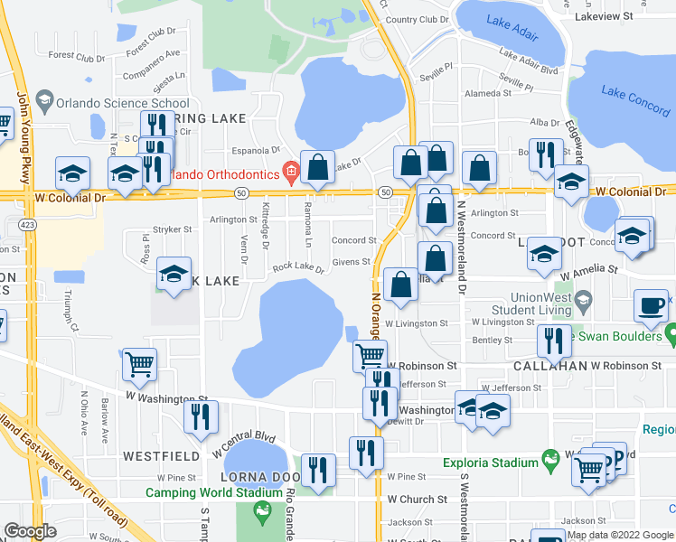 map of restaurants, bars, coffee shops, grocery stores, and more near 1350 Givens Street in Orlando