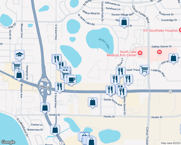 map of restaurants, bars, coffee shops, grocery stores, and more near 1313 Arbor Glen Court in Clermont