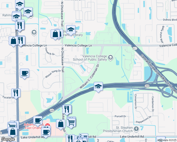 map of restaurants, bars, coffee shops, grocery stores, and more near 8137 Claire Ann Drive in Orlando