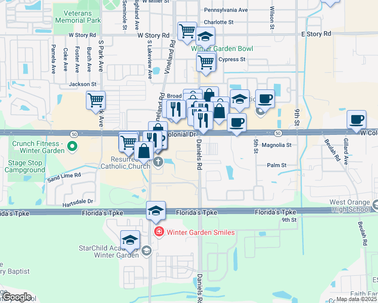 map of restaurants, bars, coffee shops, grocery stores, and more near 1200 Daniels Road in Winter Garden
