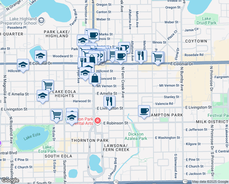 map of restaurants, bars, coffee shops, grocery stores, and more near 1427 East Amelia Street in Orlando