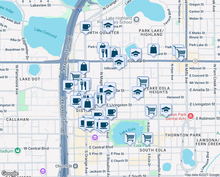 map of restaurants, bars, coffee shops, grocery stores, and more near 129 East Amelia Street in Orlando
