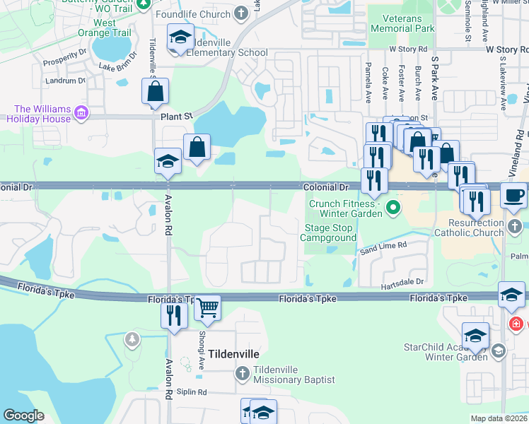 map of restaurants, bars, coffee shops, grocery stores, and more near 1197 Orange West Boulevard in Winter Garden