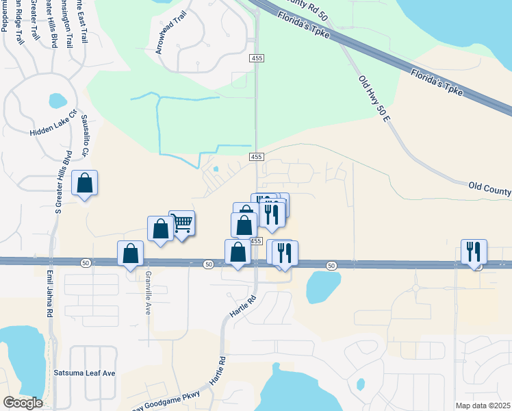 map of restaurants, bars, coffee shops, grocery stores, and more near 13928 County Road 455 in Clermont