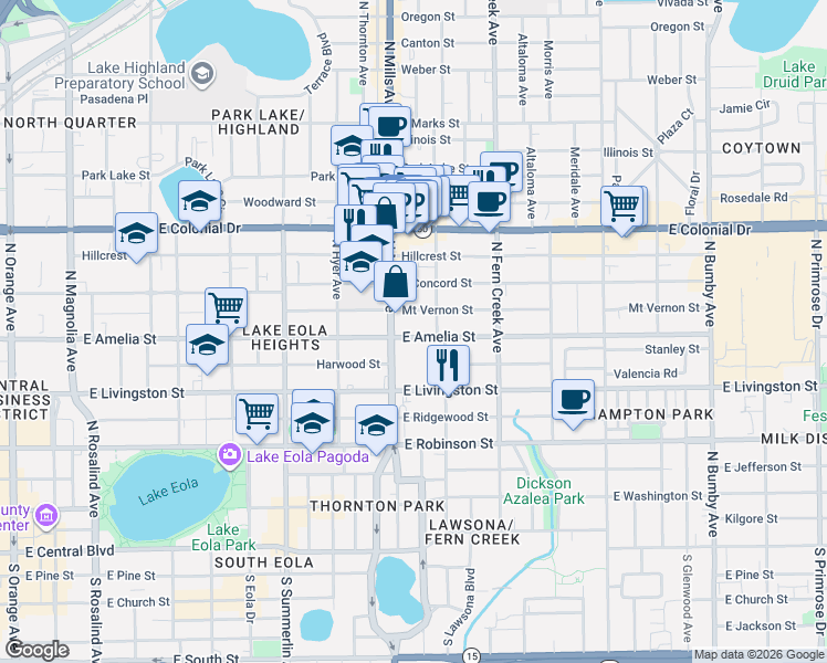 map of restaurants, bars, coffee shops, grocery stores, and more near 1217 East Amelia Street in Orlando