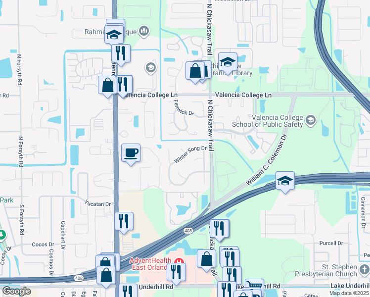 map of restaurants, bars, coffee shops, grocery stores, and more near 442 Loblolly Lane in Orlando