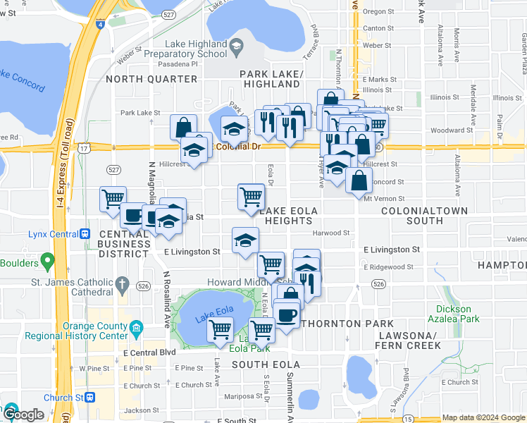 map of restaurants, bars, coffee shops, grocery stores, and more near 611 East Amelia Street in Orlando