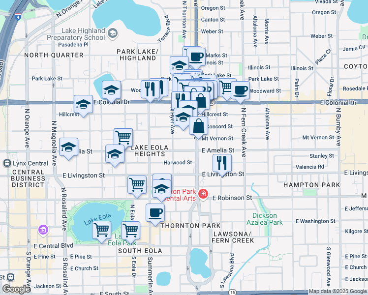 map of restaurants, bars, coffee shops, grocery stores, and more near 1021 East Amelia Street in Orlando