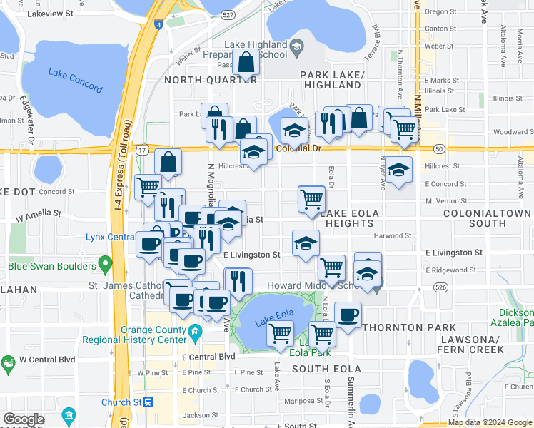 map of restaurants, bars, coffee shops, grocery stores, and more near 309 East Amelia Street in Orlando