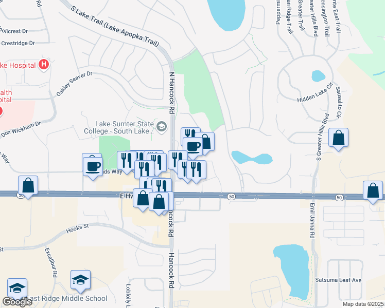 map of restaurants, bars, coffee shops, grocery stores, and more near 2660 East Highway 50 in Clermont