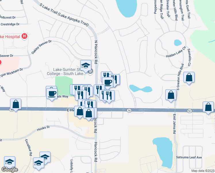 map of restaurants, bars, coffee shops, grocery stores, and more near 2660 East Highway 50 in Clermont