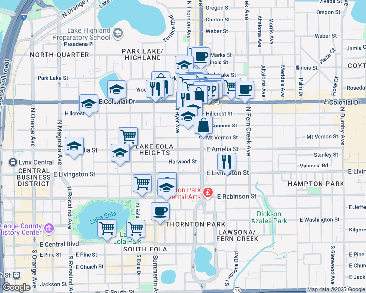 map of restaurants, bars, coffee shops, grocery stores, and more near 1011 East Amelia Street in Orlando