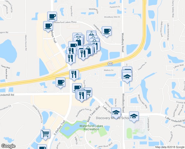 map of restaurants, bars, coffee shops, grocery stores, and more near 12524 Crest Springs Lane in Orlando