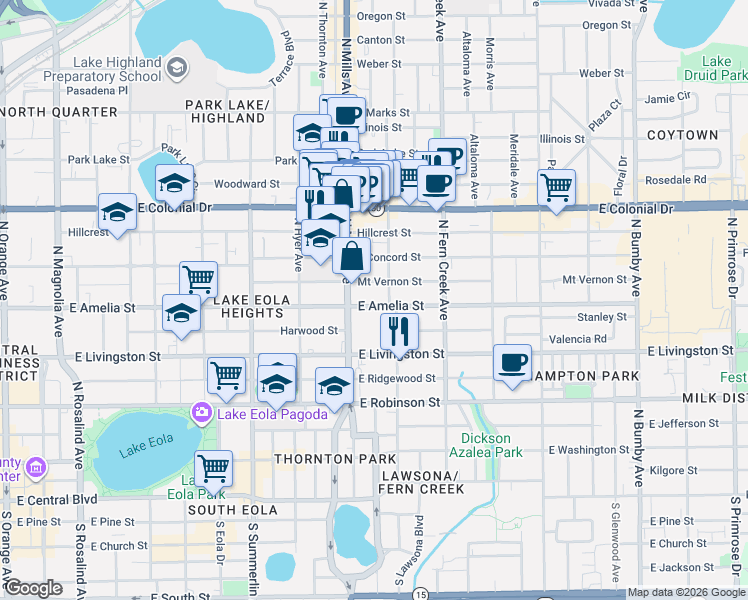 map of restaurants, bars, coffee shops, grocery stores, and more near 1235 East Amelia Street in Orlando