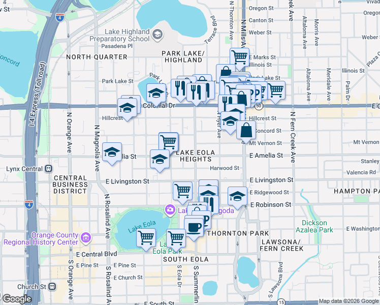 map of restaurants, bars, coffee shops, grocery stores, and more near in Orlando