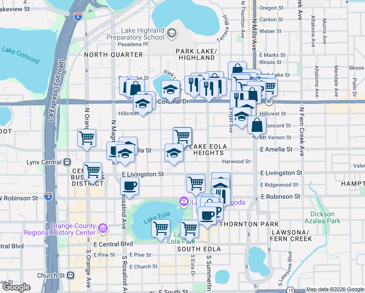 map of restaurants, bars, coffee shops, grocery stores, and more near 601 East Amelia Street in Orlando