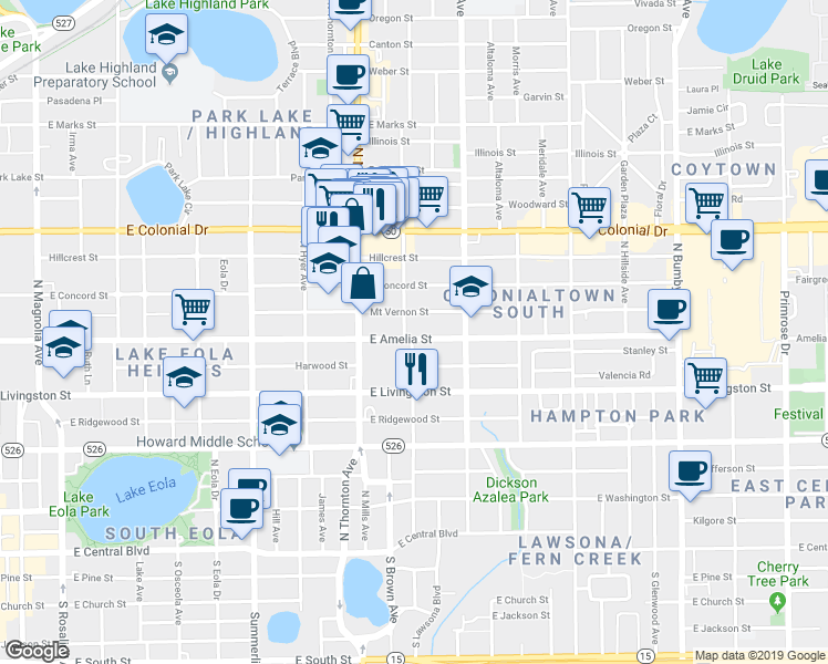 map of restaurants, bars, coffee shops, grocery stores, and more near 1405 East Amelia Street in Orlando