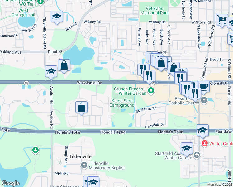 map of restaurants, bars, coffee shops, grocery stores, and more near 14400 West Colonial Drive in Winter Garden