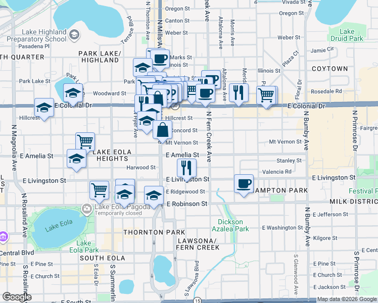 map of restaurants, bars, coffee shops, grocery stores, and more near 1427 East Amelia Street in Orlando