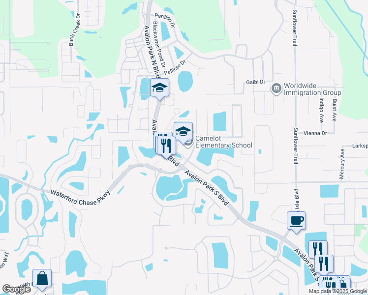 map of restaurants, bars, coffee shops, grocery stores, and more near 14501 Waterford Chase Parkway in Orlando