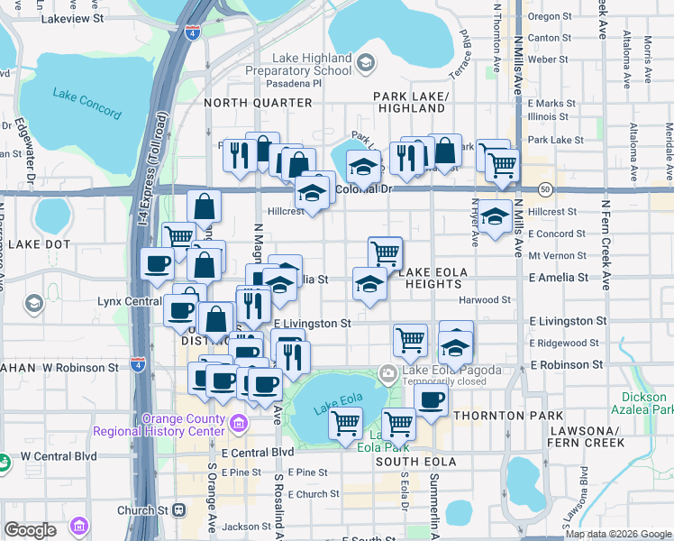 map of restaurants, bars, coffee shops, grocery stores, and more near 309 East Amelia Street in Orlando