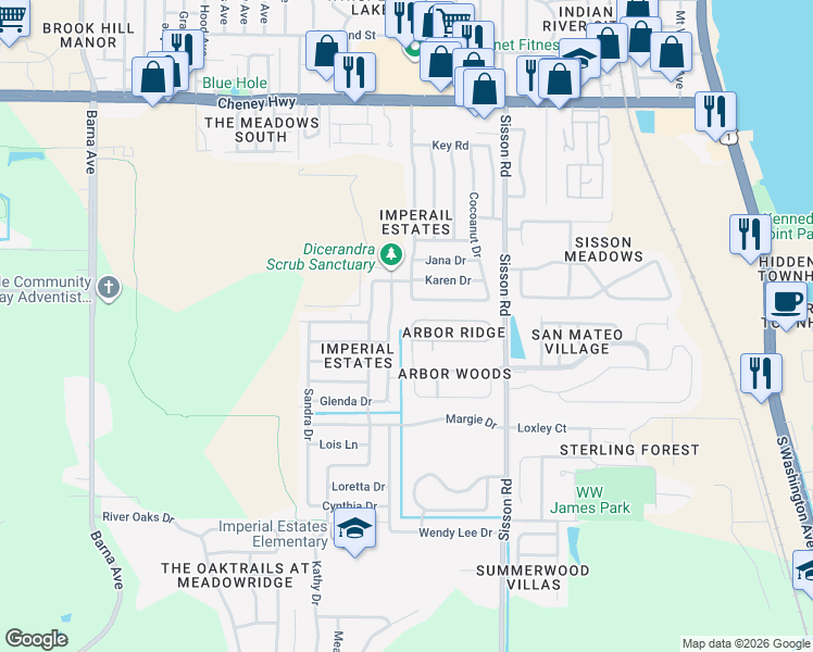 map of restaurants, bars, coffee shops, grocery stores, and more near 516 Arbor Ridge Lane in Titusville