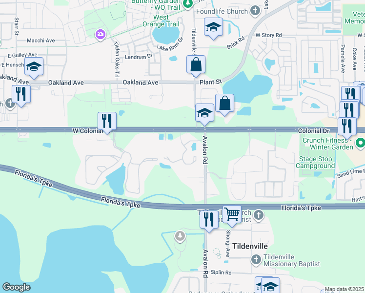 map of restaurants, bars, coffee shops, grocery stores, and more near 15122 West Colonial Drive in Winter Garden