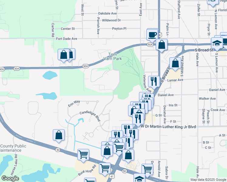 map of restaurants, bars, coffee shops, grocery stores, and more near 602 Darby Lane in Brooksville