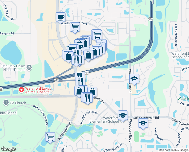 map of restaurants, bars, coffee shops, grocery stores, and more near 802 Crest Pines Drive in Orlando